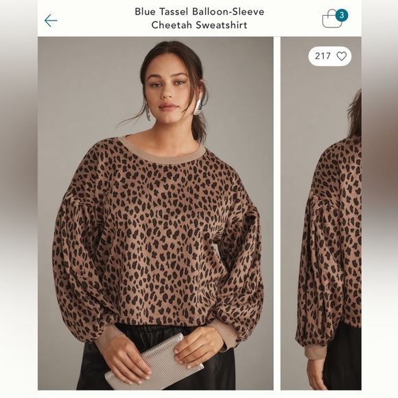 ANTHRO Blue Tassel Balloon Sleeve Cheetah Sweatshirt MED - Picture 7 of 8